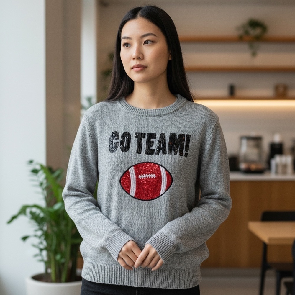Poof Football Theme Knit Sweater, 100% Acrylic, Size Medium